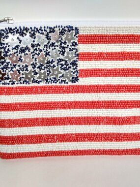 Charming Charlie RSVP Beaded USA Flag Wristlet Purse Satin Red White Blue EUC 8"